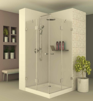 מקלחון square602 - מקלחון פינתי בעל שתי דפנות קבועות ושתי דלתות הנפתחות פנימה והחוצה