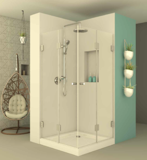 מקלחון square605 - מקלחון פינתי בעל שתי דלתות הרמוניקה המתקפלות פנימה והחוצה