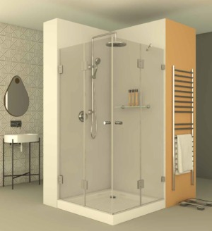 מקלחון square607 - מקלחון פינתי בעל חצי דופן קבועה וחצי דלת מצד אחד ומדלת הרמוניקה המתקפלת פנימה והחוצה מהצד השני