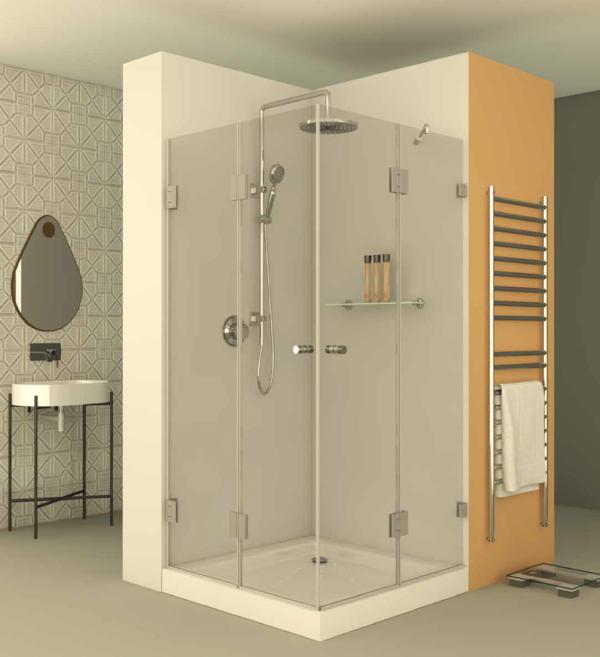 מקלחון square607 - מקלחון פינתי בעל חצי דופן קבועה וחצי דלת מצד אחד ומדלת הרמוניקה המתקפלת פנימה והחוצה מהצד השני - אבנר'ס קולקשיין בע"מ