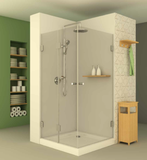 מקלחון square608 - מקלחון פינתי בעל דלת רגילה מצד אחד ודלת הרמוניקה המתקפלת פנימה והחוצה מהצד השני