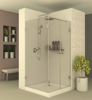 מקלחון square609 - מקלחון פינתי בעל דופן קבועה מצד אחד ושתי דלתות הנפתחות פנימה והחוצה מהצד השני