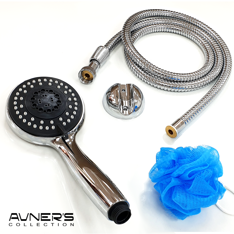 מזלף מקלחת 5 מצבים עם צינור ומתלה ניקל מבריק P-124