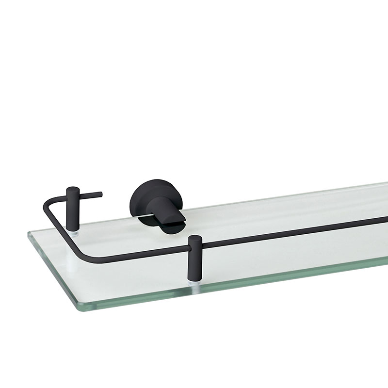 מדפים לאמבטיה מזכוכית שקופה בשילוב מתכת בגימור שחור מט